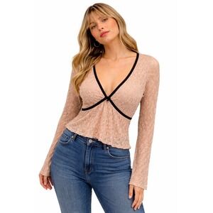 Thirty Thirty LA Womens Babydoll Shirt Lace V-Neck Top Velvet Trim Large